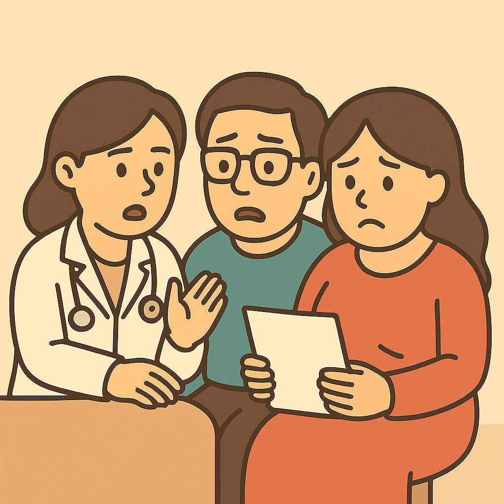 검사결과를 보고 걱정하는 이미지